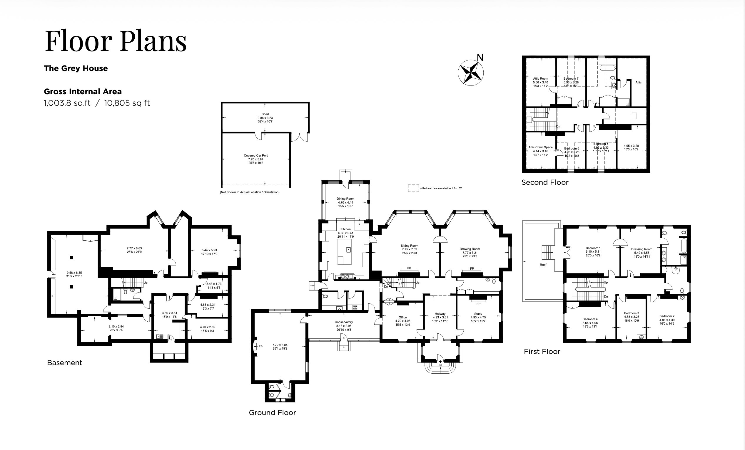 The Grey House floor plans showing basement, ground floor, first floor and second floor